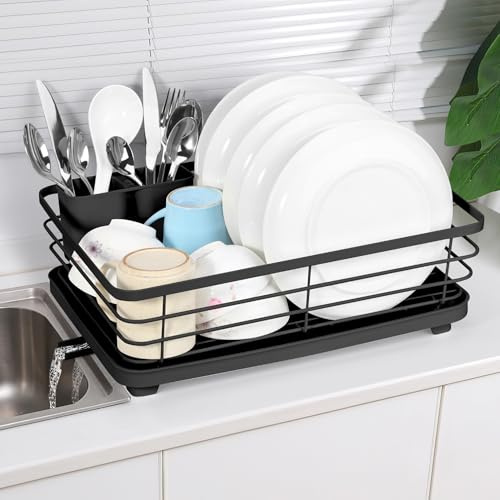 Vinsani Dish Drying Rack Space-Saving Dish Rack Sleek Modern Stainless Steel Kitchen Drying Rack with Auto Drainage System and Cutlery Holder for Kitchen Countertop Home (Black)