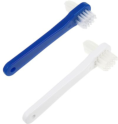 Zahnbürste Doppelseitig 2 Stück aus ABS und Nylon für Gebiss | Zahnersatzbürste mit Doppeltem Kopf, Kleine Rutschfeste Griffe, Blau und Weiß