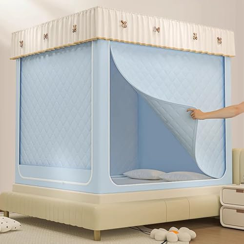 Bed Tent Bettzelt-Überdachung mit Moskitonetz, 170 Cm Extra Hohes Schlafzelt mit Großem Platzangebot, Lichtreduzierendes Indoor-Sichtschutzzelt mit DIY-Puppen, 3 Türen, Abnehmbare Vorhänge(Blue,1.2m(3
