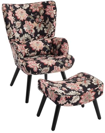 HomeMiYN fåtölj öronfåtölj med kudde och fotpall vardagsrum enkelsoffa retro engelska blommor