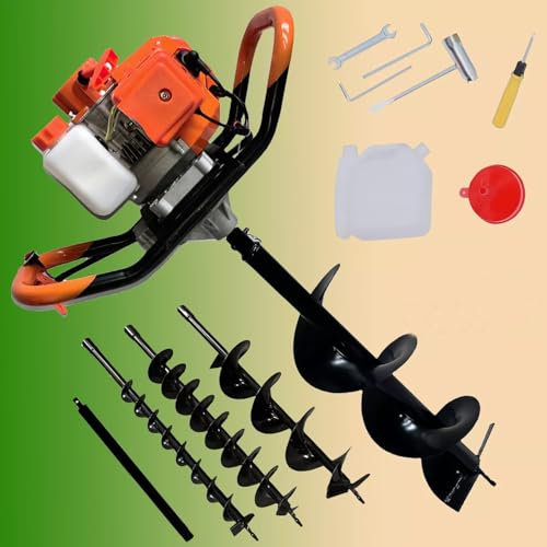 52cc 2-Stroke Petrol Earth Auger, 2.3HP Heavy Duty Garden Drill with 4 Drill Bits (60mm, 100mm, 150mm, 200mm) & Extension, Perfect for Tree Planting, Fence Posts, Greenhouse Stakes