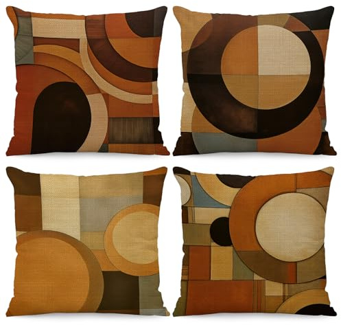 BREASOME Federe Cuscini Divano 45x45 cm, Set di 4 Copricuscini Patchwork Geometrico Marrone Stile Vintage Fodere per Cuscini Decorativi Quadrata in Lino per Divano Camera da Letto Soggiorno | Federa geometrica astratta con tonalità Morandi, moderna, per divano, camera da letto, ufficio, arredamento