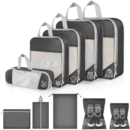 Kofferorganizer-Set 10-teilig, Kompressions-Packwürfel Schwarz mit Netz, Packtaschen für Koffer, Reiseorganizer mit XL, L, M, S Packbeuteln, Sockenbeutel, und 5 Pcs Aufbewahrungstasche für Zubehör