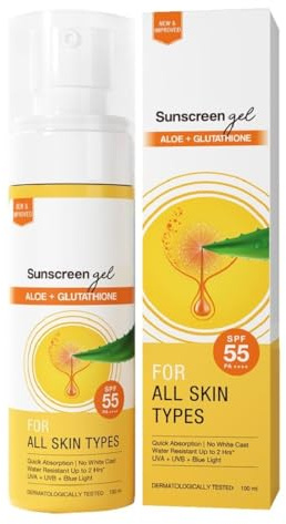 Sunscreen Gel SPF 55 PA++++ | Lightweight & Quick Absorbing | With Glutathione & Aloe Vera Extract | No White Cast | Broad Spectrum UVA & UVB Protection | For All Skin Types | 100ml
