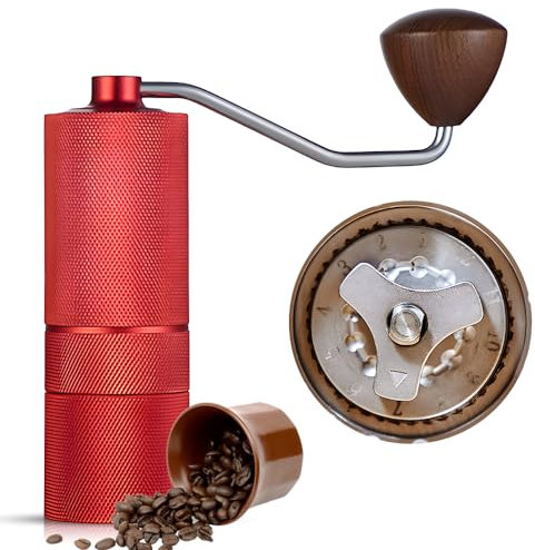 Moulin à café en alliage d'aluminium de qualité supérieure avec poignée en bois, 17,5 x 16 x 4,9 cm, 450 g, options de café noir, gris, rouge, 30 g de poudre et 25 g de stockage de grains