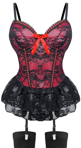EVELIFE Sexiga underkläder för kvinnor set spetsbody med strumpor remmar teddy babydoll med strumpeband halloween jul, röd, L