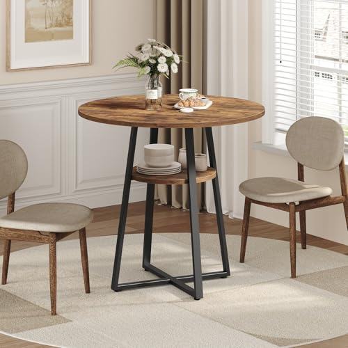 MAHANCRIS 31.5 Round Dining Table for 2-4, Farmhouse Kitchen Table with Storage Shelf, Small Circle Dining Table Space Saving, for Dining Room, Kitchen, Living Room, Rustic Brown and Black DTHR8201