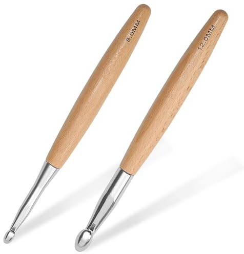Tarqite 2 Stück HäKelnadel 8mm & 12mm, Häkelnadel mit Holzgriff, Glatt Ergonomische Buchenholzgriff HäKelnadeln für Arthitische Hände, Anfänger, Häkelliebhaber