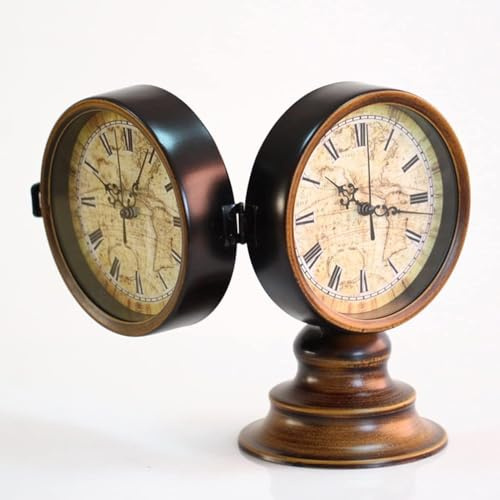 Doppelseitige Tischuhr Vintage, Europäischer Stil Vintage Schreibtisch Uhr, Retro Nacht Mantel Runde Tischuhren mit Leisem, Tickfreiem Römischen Ziffernblatt für Schlafzimmer Büro Esszimmer Bar