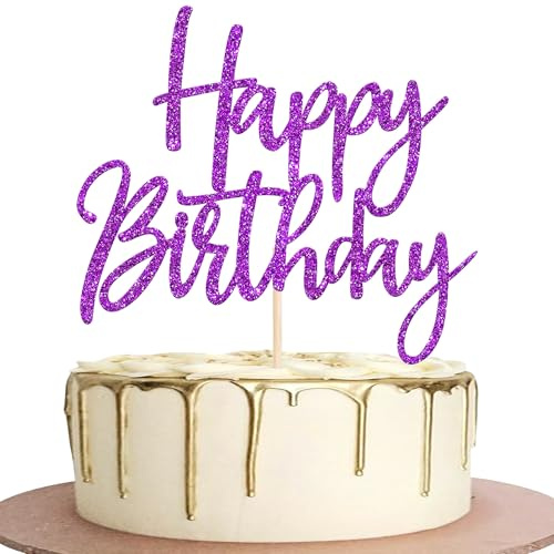 SYKYCTCY 1 Pack Happy Birthday Cake Topper Glitter Happy Birthday Cake Pick for Celebrating Birthday Anniversary Theme Party Cake Decorations Supplies Purple