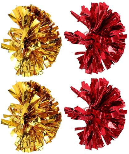 HOODANCOS Pompones de Animadora Metálicos 4 Unidades Grandes Rojo y Dorado Anillo Seguro, Pompones de Mano para Baile y Animación Deportiva, Accesorios para Porristas en Competiciones