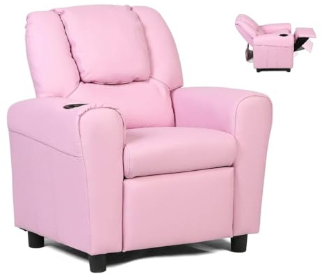 Costzon Kids Recliner Chair with Cup Holder, Toddler Room Furniture Children Armrest Sofa w/Headrest & Footrest for Girls Boys Baby Bedroom, PU Leather Couch (Pink)