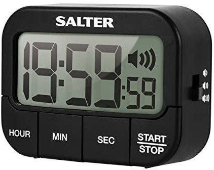 Salter 355 BKXCDU Digital Kitchen Timer - LCD Display, Loud Clock Timer, Magnetic Cooking Stopwatch, Self Standing, Count Up Or Down,19 Hours 59 Minutes and 59 Seconds, Memory Function, Large Buttons