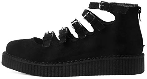 T.U.K. Shoes Black Faux Suede Multi-Strap Pointed Creeper Sneaker Flats Mary Janes for Women | US Women 7