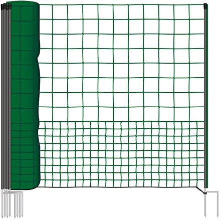 VOSS.farming Geflügelnetz 25m, 125cm Hühnerzaun, Hühnernetz, Geflügelzaun, Hundenetz, Hundezaun, 11 Pfähle 2 Spitzen grün, ohne Strom