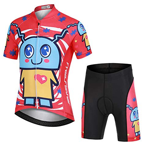 YFPICO Completo Abbigliamento Ciclismo per Bambino,(Maglia Bici a Manica Corta + Pantaloncini con Imbottitura), Alieno Rosso, 134/140