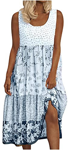 Masrin Trägerkleid für Damen Ärmelloses Sommerkleid mit Rundhalsausschnitt, Lockerem Swing Lässiges Skaterkleid mit Blumendruck Gerüschtes Patchwork-Turmkleid Urlaub Strandkleid Partykleid