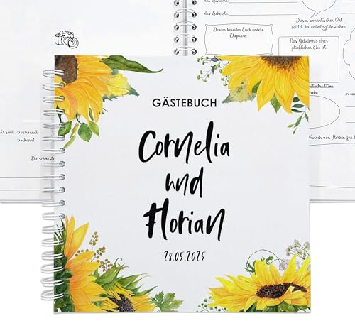 Gästebuch Hochzeit Sonnenblumen, mit Namen des Brautpaares personalisiert, Ringbuch mit Fragen zum Ausfüllen, Hochzeitsgästebuch 25x25 cm, Spiralbindung, Feenstaub