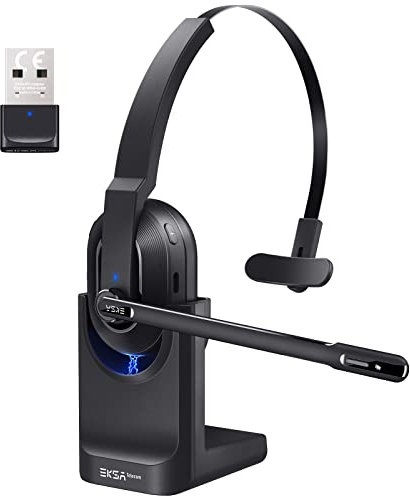EKSA H5 Bluetooth PC Headset mit Mikrofon & USB Dongle [45 Stdn Spielzeit & 10M Reichweite] Mono mit Ladestation & AI Rauschunterdrückung Mic, Wireless Business Headphones für Büro/HomeOffice