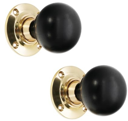 Infinity Decor Retro Style Vintage Country Cottage Period Home Door Knobs/Ebony Wood Rosewood Bun Wood Knobs/Wooden Knobs/Polished Brass Rose (Ebony Bun)