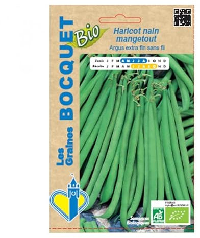 Sachet de graines de Haricot Nain Mangetout Argus Extra Fin Sans Fil- BIO- Certifié ECOCERT FR-BIO-01-60 g - Les Graines Bocquet