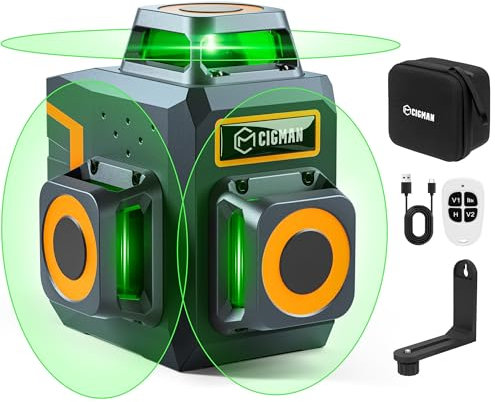 CIGMAN Kreuzlinienlaser Grün 3 x 360 Grad Laser Wasserwaage Nivellierlaser mit wiederaufladbarer Lithiumbatterie und Fernbedienung, einstellbare Helligkeit zum Energiesparen, CM701SE
