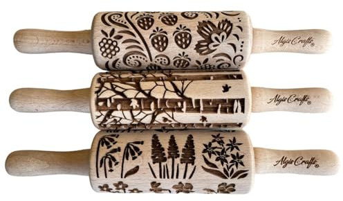 JAHRESZEITEN 3-er SET mini Nudelhölzer. Teigrolle mit Frühlingsblumen, Tulpen, Narzissen, Erdbeeren, Himbeeren und Birken Muster. Nudelholz mit muster für hausgemachtes Gebäck von Algis Crafts