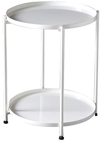 IMYOGI Exquisiter Couchtisch, einfacher runder Aufbewahrungstisch aus Eisen, Wohnzimmer-Sofa-Multifunktions-Tabletttisch, Schlafzimmer-Freizeittisch, Doppelregal (Farbe: Weiß)