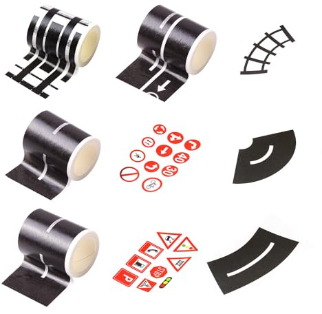 4 Stück Straßen-Washi-Klebeband, 5 Stück Aufkleber, kreativ und lustig, schwarzes Straßen-Klebeband für Kinder, Bastelarbeiten, ideal für Collagen und Spielzeug-Einfahrtsdekoration, Scrapbooking