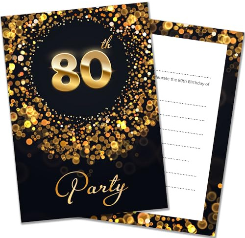 Olivia Samuel 20 x 80th Birthday Party Invitations with Envelopes - Ready to Write - Black and Gold Effect - Designed and Printed in the UK