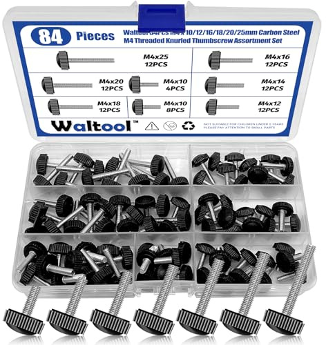 Waltool 84Pcs 7 Sizes Carbon Thumbscrew Assortment Set, M4 x 10/12/14/16/18/20/25mm Screw on Thread Knurled Round Clamping Knobs Handle Bolts Grip Thumb Screws for Machine