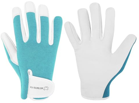 WESTWOOD FOX WFX Guantes de jardinería de cuero para mujer y hombre, a prueba de espinas, guantes de trabajo para jardín, morado (Cyan, M)