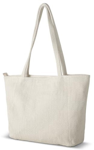 Gluckstar Tote Bag Damen Umhängetasche, Handtasche Beige Shopper Damen Uni Tasche mit Reißverschluss Tragetasche Schultertasche Stofftasche Beuteltasche für Büro Einkaufen Schule College, Beige