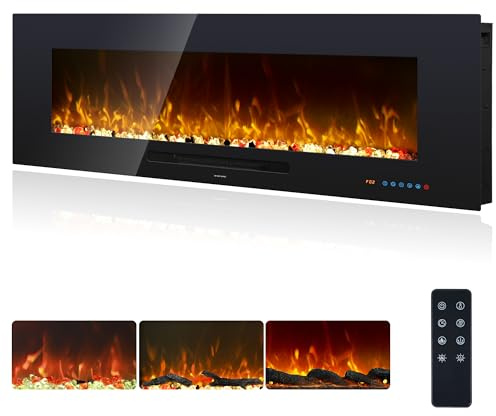 127 cm Electric Fireplace, Recessed and Wall Mounted Fireplace Inserts, 13 * 13 Flame Effects w/Dimer Remote control/Touchscreen, Adjustable Thermostat & Timer, 1500W, Black(50) | Electric Fireplace Multicolor Flame, 750/1500W Thermostat, Timer, Touch Screen Remote Control, Overheating Protection