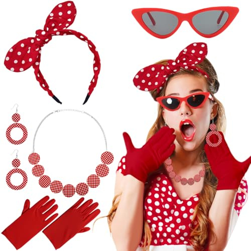 Accessoire Annee 50 Femme, Accessoires Carnaval Femme, Années 50 Femmes Costume, Déguisement Carnaval Femme, Mode Annee 60 Femme, Lunettes Gant Boucle Oreille Bandeau pour Soirée Déguisement (Rouge)