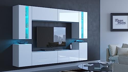 Meuble TV moderne blanc brillant avec éclairage LED et porte en verre Design élégant Ensemble de meubles de salon à pousser pour ouvrir 240 x 176 x 35 cm