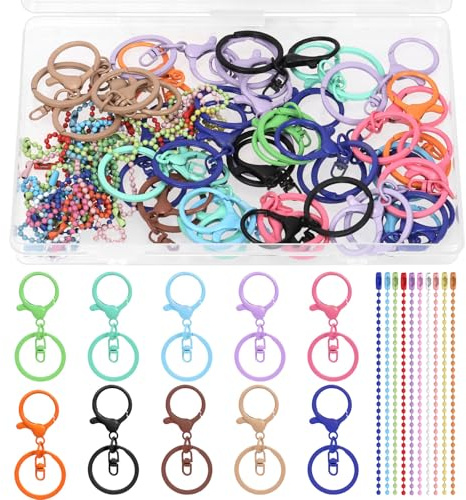 Keadic 60Pcs Lobster Claw Clasps Keychain & Ball Bead Chain, Colorful Swivel Trigger Clips and 2.4MM Bead Key Chain with Connectors Dog Tag for Jewelry Crafts
