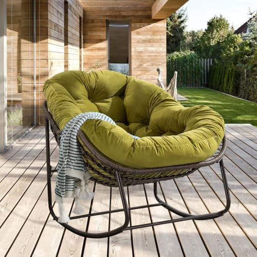LIFEISLE Schaukelstuhl Schaukelsessel mit Rattan, Loungesessel drinnen & draußen, Ei-Schaukelstuhl für Wohnzimmer Balkon Garten Outdoor und Indoor Samt Olivegrün
