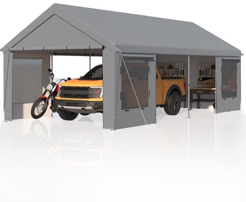 EROMMY Carport, 12' x 24' Heavy Duty Carport with Roll-up Windows，Portable Garage with Removable Sidewalls, Car Canopy with Sandbags and All-Season Tarp for Tractor, Truck, Outer Gray and Inner White