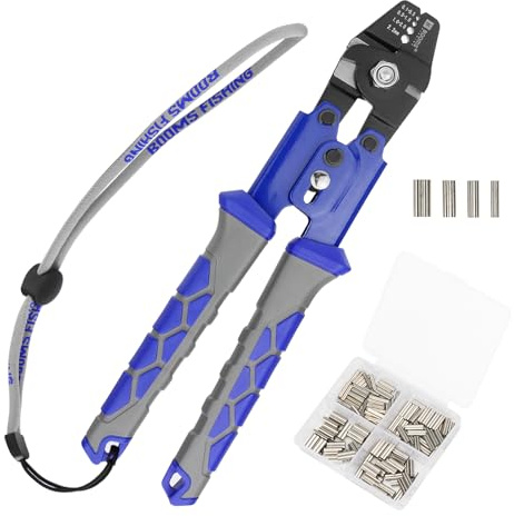Booms Fishing Crimping Tool Kit: 10.6in Fishing Crimping Pliers with 140pcs Double Barrel Sleeves - Up to 2.2mm Crimper, XW40