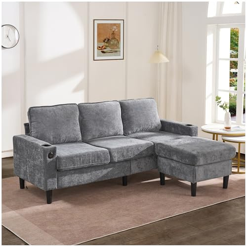 Wyibwy Sofá de esquina moderno, sofá modular, sofá de 3 o 4 plazas, sofás y sillones acolchados con puertos USB y C, con 2 portavasos, sofá en L, tejido de lino, 202 x 137 x 80 cm (gris)