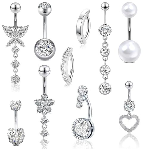 10 piercings para el ombligo de 14 g para mujer, acero quirúrgico, color rosa y azul, con circonita cúbica y mariposa, serpiente, clicker, para el ombligo, para el cuerpo, piercing para el ombligo