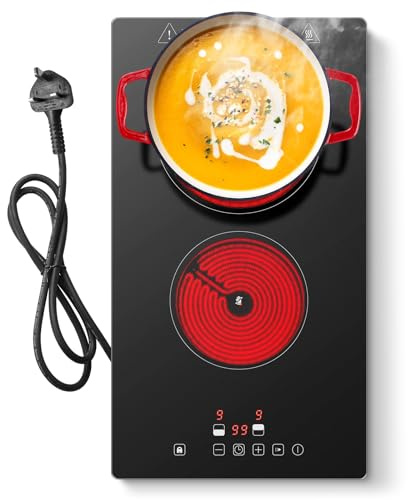KICHPOWER Ceramic Hob 2 Zones, Electric Plug in Hob 30cm 2 Burners, 2800W, 9 Power Levels, 1-99 min Timer, Residual Heat Indicator, Child Safety Lock, Compatible with All Pans & Pots