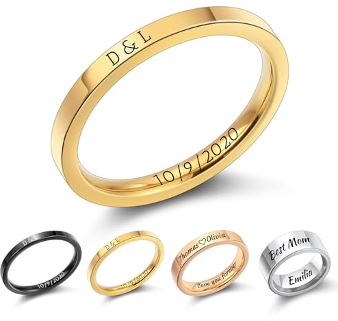 MMXX Anillos de 2MM/4MM/8MM Acero Inoxidable Personalizados Grabado Personalizado Nombre Fecha Anillos de Boda Sencillos Anillo de Promesa de Alto Brillo para Mujeres Hombres -2mm Oro
