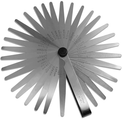 Helilyco Set di 32 spessimetri in acciaio inox, doppia marcatura 0001-004 pollici e 003-100 mm, lame affusolate per regolazione della valvola su moto e ATV