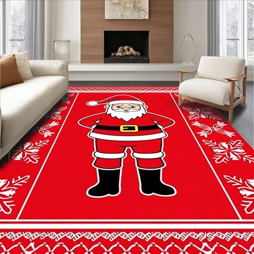 ODIKA Flatwoven High Traffic Area Rug 5x7, Festive Santa Motif Punch Needle with Whimsical Holiday Accents, Non Slip, Stain Resistant, Washable Area Rugs for Living Room, Bedroom (Red, 5x7, Pad)