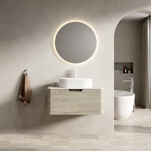 HaoChrymec Mobile Lavabo Bagno Sospeso con Ceramica e Pietra Sinterizzata, Cassetto Soft Close con Bordi Curvi, Mobile Bagno Sospeso, Lavabo Ovale, Bianco Beige ed Effetto Rovere Crema, 80x46x50 cm