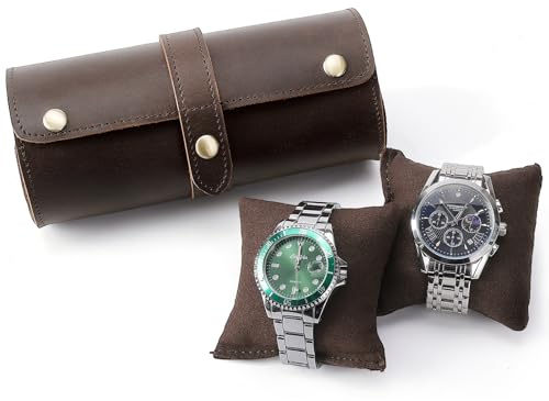 TIDING Genuine Leather Watch Travel Case 2 Slots Brown