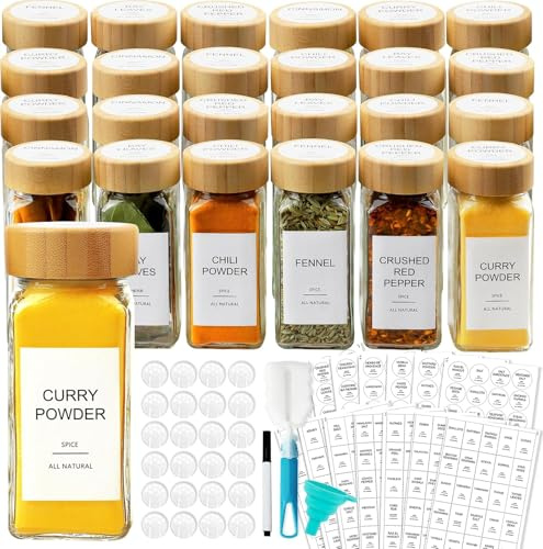 BENBER 24 Spice Jars with Labels & Bamboo Lids - 4 Oz Glass Containers with Shaker Lids, 240 Spice Labels Seasoning Jars for Spice Rack, Cabinet, or Drawer