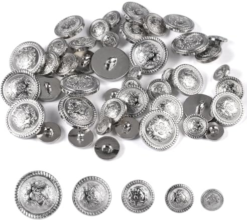 50 Stück Vintage Knöpfe Silber aus Kunststoff, Trachtenknöpfe mit Schaft | Vintage Knöpfe zum Annähen in 5 Größen 12,5 mm 15 mm 18 mm 21 mm 25 mm, für Blazer, Jacken, Mäntel, Uniform, DIY Basteln